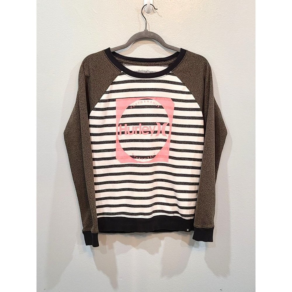 Hurley Sweat Shirt Women's Large Striped Crew Neck Cotton Blend Logo Surfer Fall